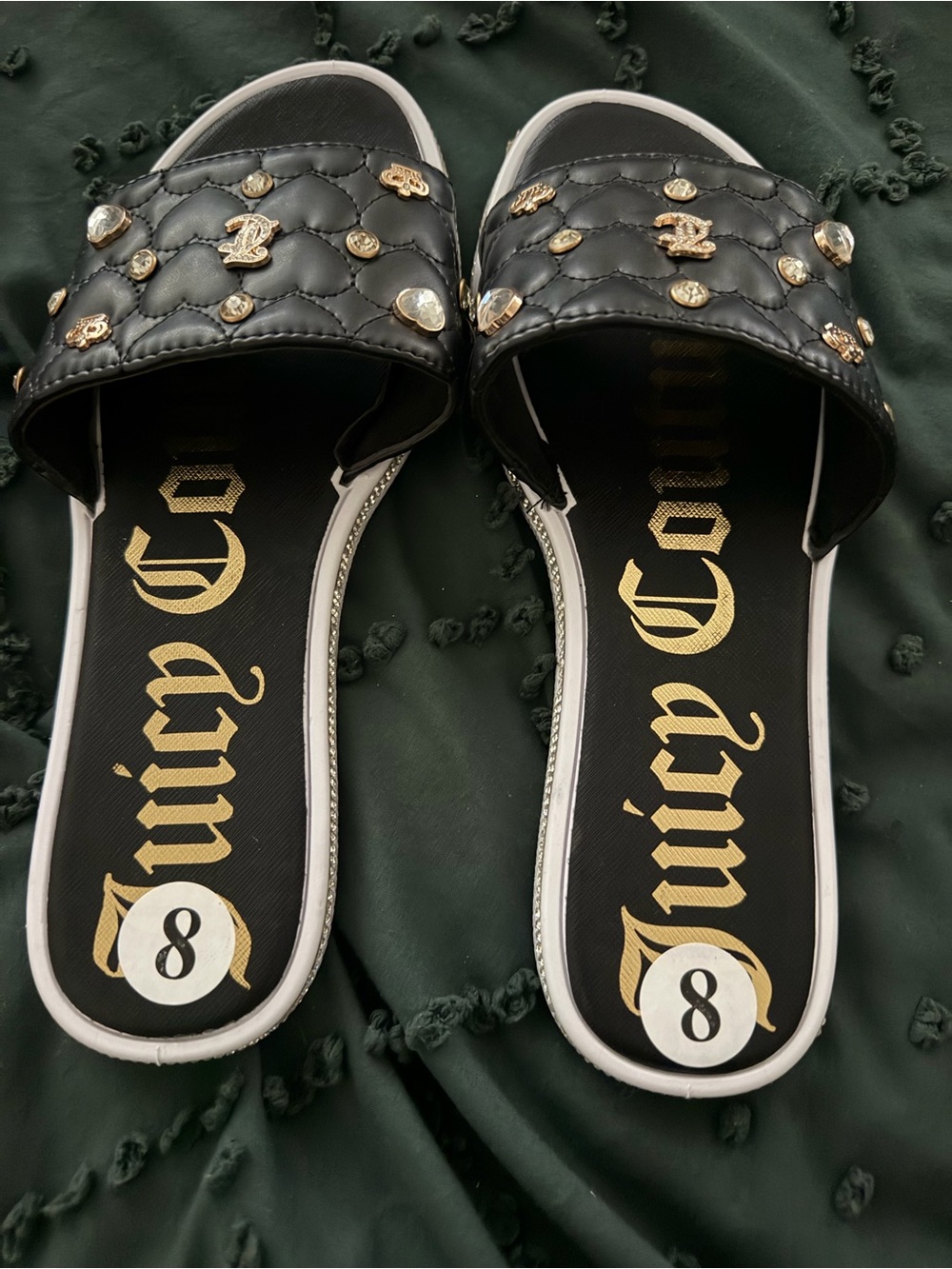 Juicy Couture Black Quilted Jeweled Slide Sandals with Gold Accents